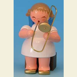 Angel with trombone - Blue Wings - sitting - 5cm / 2 inch