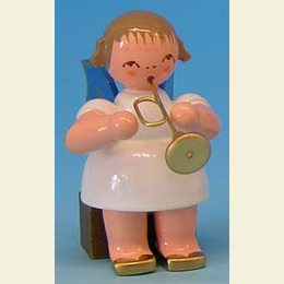 Angel with trumpet - Blue Wings - sitting - 5cm / 2 inch